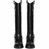 Saint Soraya Studded Buckle Black Leather Long Boots