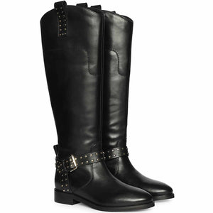 Saint Soraya Studded Buckle Black Leather Long Boots