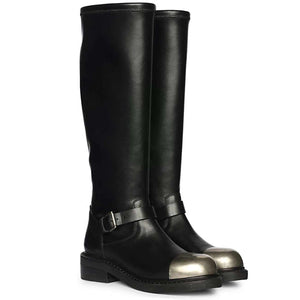 Saint Ember Metal Toe Buckle Strap Black Stretch Napa Long Boots