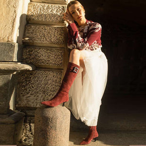 Saint Valeria Crystal Buckle Bordo Suede Leather Long Boots