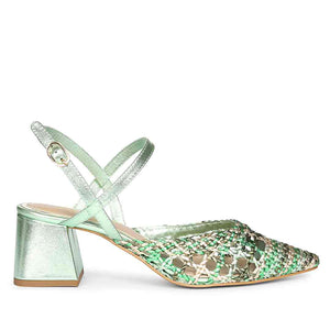 Saint Cianna Green Multi Hand-Woven Leather Block Heels