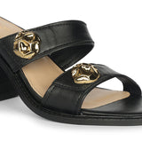 Saint Brisa Gold Emblems Black Leather Heels