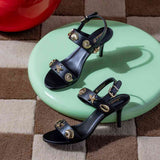 Saint Ravena Seashell & Star Embellished Black Leather Stilettos