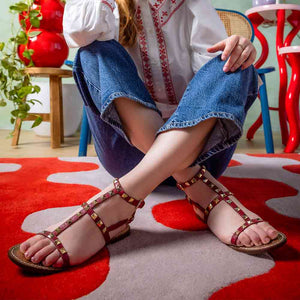 Saint Miriam Red Leather Metal Studded Sandals