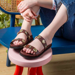 Saint Hallie Seashell & Star Studs Brown Leather Sandals