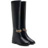 Alina Gold Chain Embellished Black Leather Knee High Boots