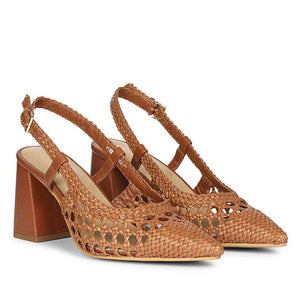 Saint Fabienne Hand Woven Tan Leather Block Heels
