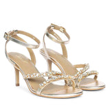 Saint Isla Stone Embellished Champagne Leather Strappy Stilettos