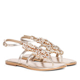 Saint Jenna Silver Stone Adorned Gold Leather Flat Sandals
