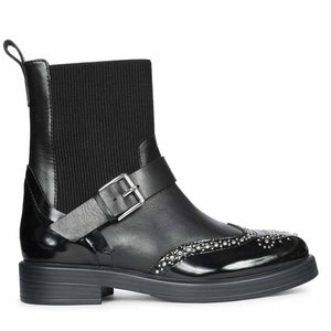 Saint Adeen Studded Buckle Decor Black Leather Ankle Boots