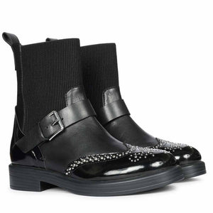 Saint Adeen Studded Buckle Decor Black Leather Ankle Boots