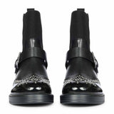 Saint Adeen Studded Buckle Decor Black Leather Ankle Boots