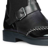 Saint Adeen Studded Buckle Decor Black Leather Ankle Boots