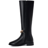 Alina Gold Chain Embellished Black Leather Knee High Boots