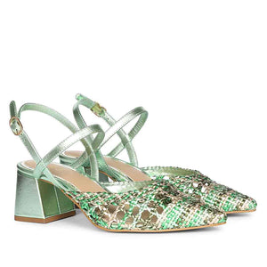 Saint Cianna Green Multi Hand-Woven Leather Block Heels