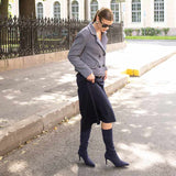 Saint Jemima Navy Stretch Suede Kitten Heel Long Boots