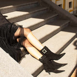 Saint Everly Crystal Buckle Black Suede Leather Ankle Boots