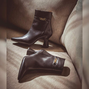 Saint Madelyn Black Leather Chain Decor Pointed Toe Ankle Boots