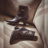 Saint Madelyn Black Leather Chain Decor Pointed Toe Ankle Boots