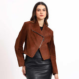 Saint Arlana Women Tan Suede Leather Cafe Racer Jackets