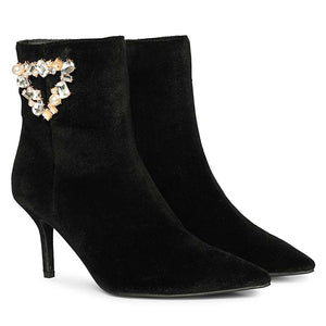 Saint Amoura Triangular Crystal Black Velvet Ankle Boots