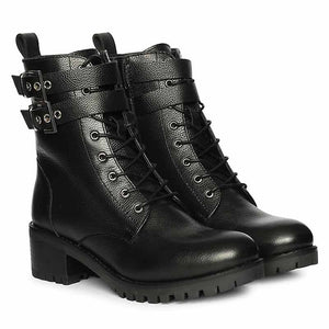 Saint Lucero Buckle Decor Black Leather High Ankle Boots