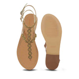 Saint Azzurra Platin Gold Embroidered Sandals: Elegant flat leather footwear with intricate gold embroidery for a touch of luxury and style