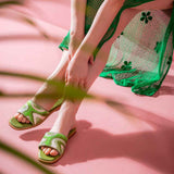 Georgia Hand Embroidered Green Leather Flats