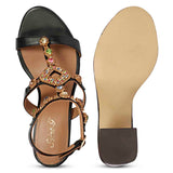 Saint Elettra Multi Stone Embellished Black Leather Block Heels