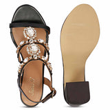 Saint Enriqueta Stone Adorned Black Leather Block Heels