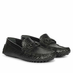Saint Aurora Black Handwoven Leather Horsebit Loafers