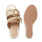 Trendy Gold Wedge - Saint Floriana Stone Detail on Metallic Leather