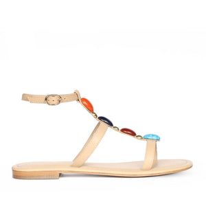 Saint Tyas Multi Stone Beige Leather Sandals