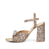 Bow Detail Glitter Heels - Saint Leonara's trendy multicolor leather block heels.