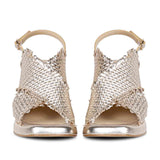 Saint Shelby Gold Metallic Crisscross Fringed Woven Leather Block Heels