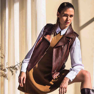 Saint Micaela Burgundy Leather Women Collar Jackets