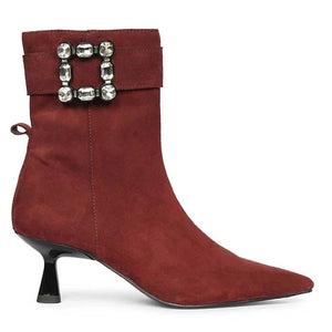 Saint Everly Crystal Buckle Bordo Leather Ankle Boots