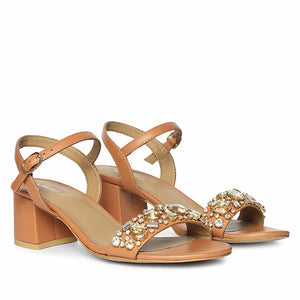 Saint Ella Stones Embellished Tan Leather Block Heels