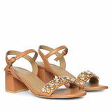 Saint Ella Stones Embellished Tan Leather Block Heels