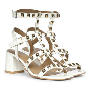 Saint Angela White Patent Leather Metal Studded Block Heels