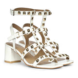 Saint Angela White Patent Leather Metal Studded Block Heels