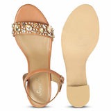 Saint Ella Stones Embellished Tan Leather Block Heels