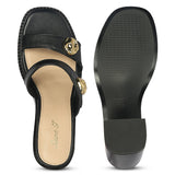 Saint Brisa Gold Emblems Black Leather Heels