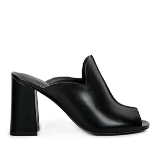 Amor Black Leather Block Heel Mules.