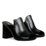 Amor Black Leather Block Heel Mules.