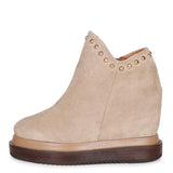 Saint Emily Beige Suede Wedge Boots - Stylish ankle boots with inner wedge heel in luxurious beige suede leather.