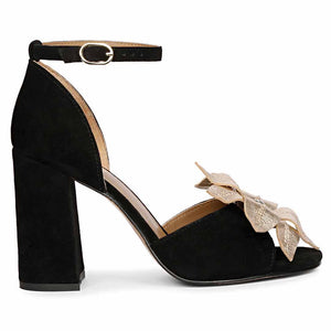 Lilly Gold Flower Embellished Black Leather Block Heel