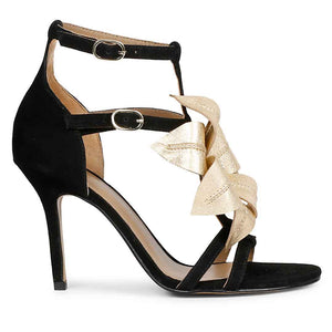 Lilly Gold Flower Embellished Black Leather Block Heels