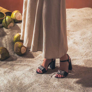 Macy Silver Stone Jewel Black Leather Block Heels