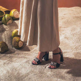 Macy Silver Stone Jewel Black Leather Block Heels